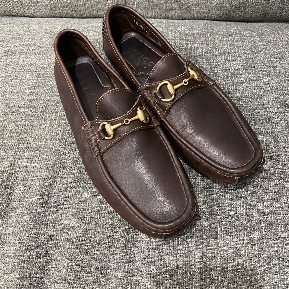 Gucci Dark Brown Leather Loafers with Gold Hardware